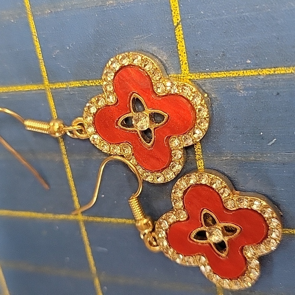 Gold Tone & Red Enamel Floral Earrings New